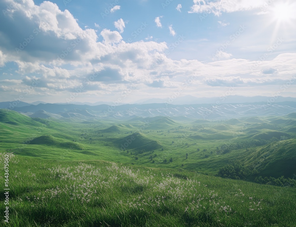 Naklejka premium Serene rolling hills bathed in soft sunlight, a picturesque landscape.