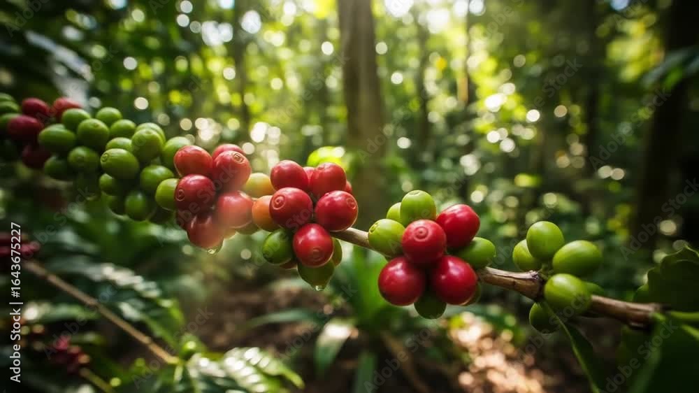 Ripe Coffee Cherries on Branch in Lush Forest. Ripe Coffee Cherries on Branch in Lush Forest.