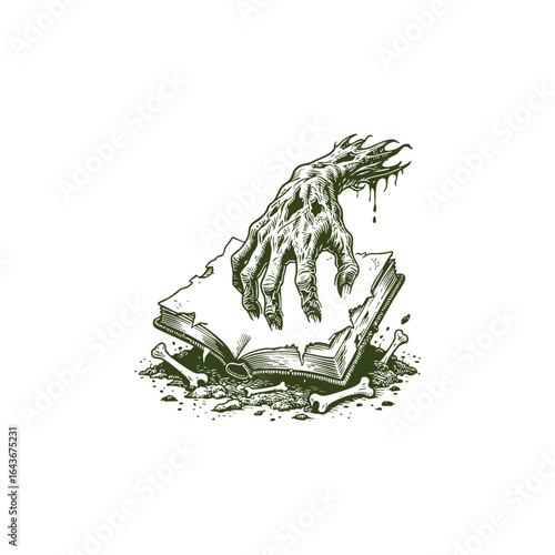 engraving style logo illustration of a zombie hand holding a book. Dark and eerie linework captures a creepy and mysterious atmosphere