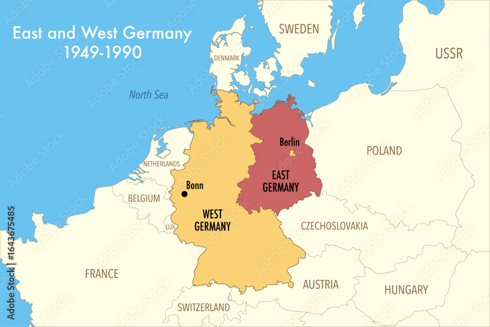 Naklejka premium Map of East and West Germany 1949–1990 – Cold War Division of Germany