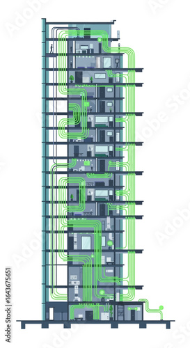 Crosssection of a smart building with a vibrant green network illustrating data or energy flow. Vector Illustrations. EPS Editable