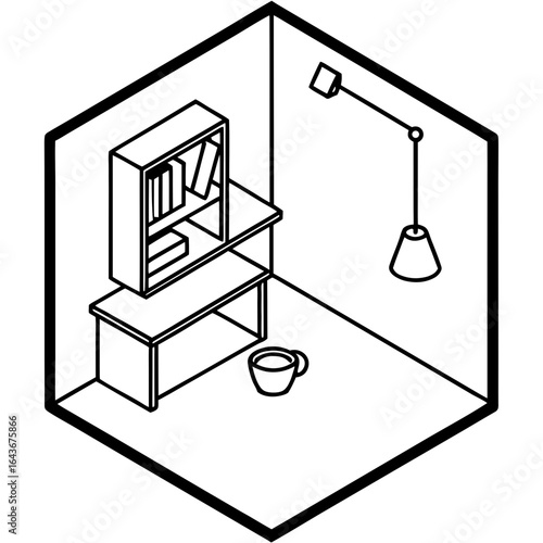 Home office corner with small bookshelf, cork board, and desk lamp, isometric vector.