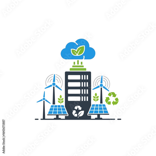 Flat vector icon of a green data center with wind turbines and solar panels symbolizing sustainable cloud computing and renewable energy. Vector Illustrations. EPS Editable