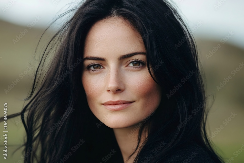Naklejka premium Beautiful woman with long dark hair smiling outdoors