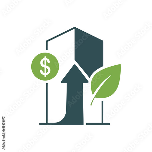 Green real estate investment icon with a house outline upward arrow dollar sign and leaf. Vector Illustrations. EPS Editable