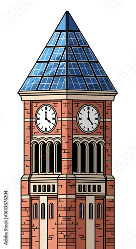 Illustrated red brick clock tower with a modern blue glass pyramid roof and two clock faces. Vector Illustrations. EPS Editable