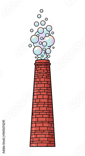 Illustrated red brick factory chimney emitting clean iridescent soap bubbles instead of smoke. Vector Illustrations. EPS Editable