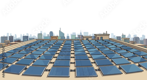 Illustrated rooftop solar farm featuring blue photovoltaic panels arranged in a neat grid. Vector Illustrations. EPS Editable
