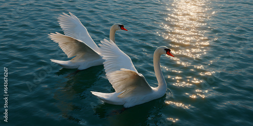 Two elegant white swans swimming together on sparkling blue water in sunlight