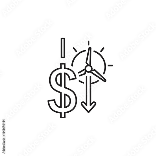 Line art icon for renewable energy cost reduction featuring a dollar sign and wind turbine. Vector Illustrations. EPS Editable