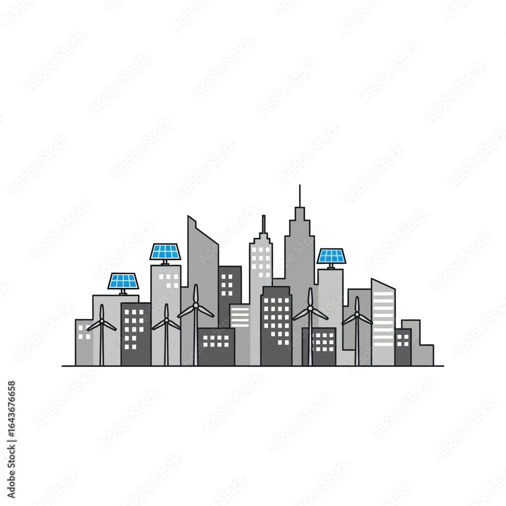 Obraz premium Line art illustration of a sustainable city with grey skyscrapers solar panels and wind turbines. Vector Illustrations. EPS Editable