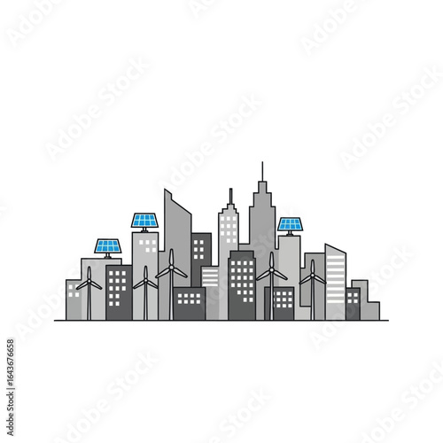 Line art illustration of a sustainable city with grey skyscrapers solar panels and wind turbines. Vector Illustrations. EPS Editable