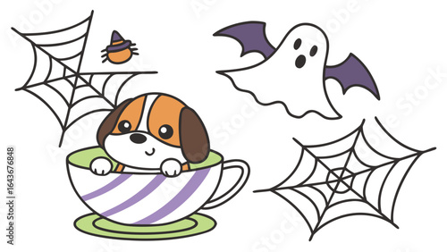 Cute SVG of a Bashful Dog in Spooky Fun colors, featuring in a teacup in a Halloween setting