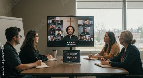 Group of people in a church staff meeting communicating through video conference with parishioners online. Christian community gathering, modern worship and religion concept.