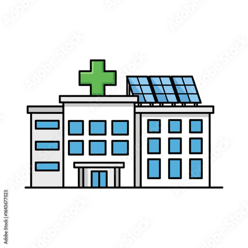 Modern hospital building illustration with a green cross and rooftop solar panels. Vector Illustrations. EPS Editable