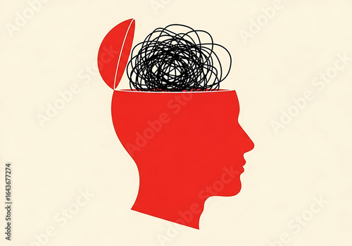 Illustration of a red head with an open skull and a tangle of black lines, symbolizing mental confusion and chaos