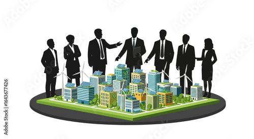 Silhouettes of business people presenting a sustainable smart city model with wind turbines and solar panels. Vector Illustrations. EPS Editable