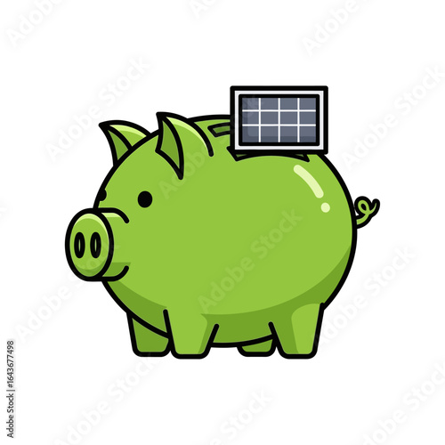 Smiling green piggy bank with a small solar panel symbolizing renewable energy savings. Vector Illustrations. EPS Editable