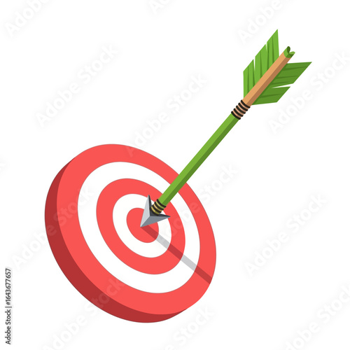 Stylized green arrow with fletching hitting the bullseye of a red and white archery target. Vector Illustrations. EPS Editable