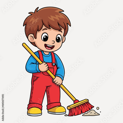 A cheerful young boy, wearing overalls, sweeps the floor with a broom.