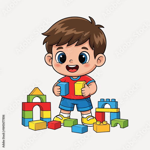 Cute cartoon boy playing with colorful building blocks, happily engaging in creative construction and learning through play, on a light background, expressing childhood joy and development.