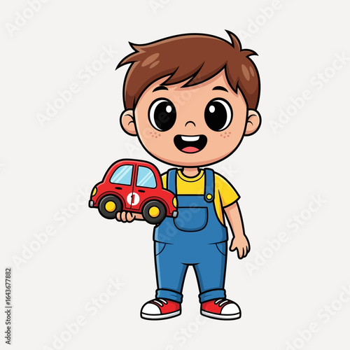 A cheerful cartoon boy holding a red toy car, smiling widely with joy.