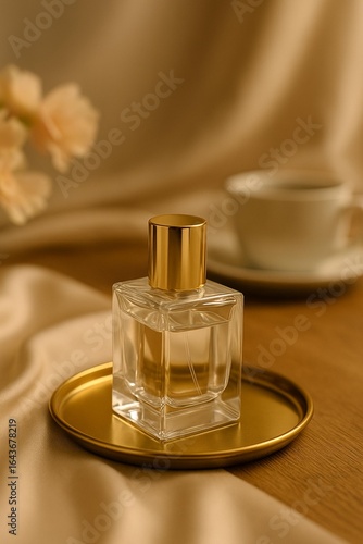 Glass Perfume Bottle on Gold Tray