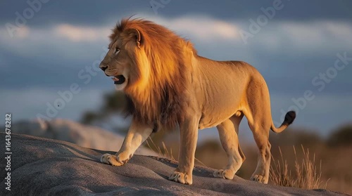 Wallpaper Mural Majestic Lion Walking At Sunset: Portrait of a Powerful Male Lion in the African Savannah, Wildlife Photography Torontodigital.ca