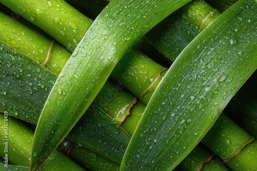 Dew-kissed bamboo stalks and broad leaves intricately interwoven, showcasing vibrant green hues and glistening water droplets