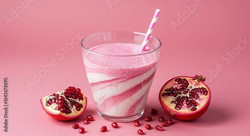 Wallpaper Mural A glass of pink and white smoothie with pomegranates on pink surface Torontodigital.ca