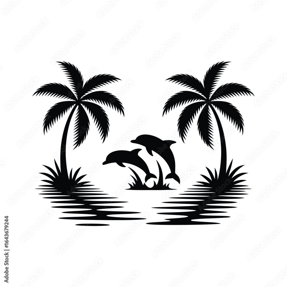 Fototapeta premium Tropical Dolphin Silhouette with Palm Trees Vector