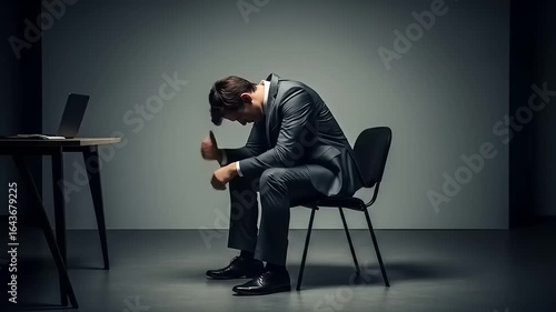 A businessman in a gray suit sits on a chair, head bowed in contemplation, with a laptop nearby