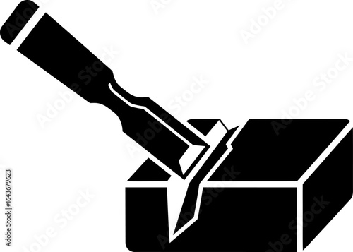 A black silhouette icon of a woodworking chisel carving a notch into a block of wood.