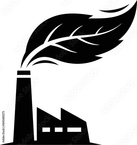 A factory smokestack emits a large leaf instead of smoke, symbolizing eco-friendly industry and clean energy.