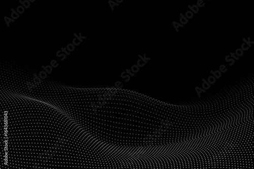 White grey dotted wave – minimal glowing particle gradient, smooth technology wave on black background. The arrangement of the dots forms a smooth, gradient effect.