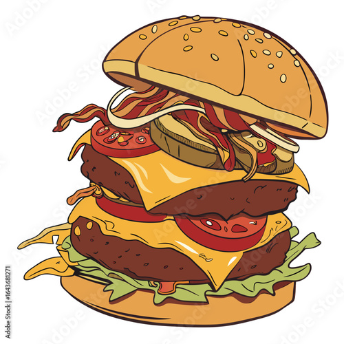 A realistic 3d illustration of a gourmet double decker hamburger piled high with melted cheese presented as a clean vector design
