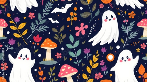 Seamless halloween pattern with cute ghosts, mushrooms, bats and flowers on dark background