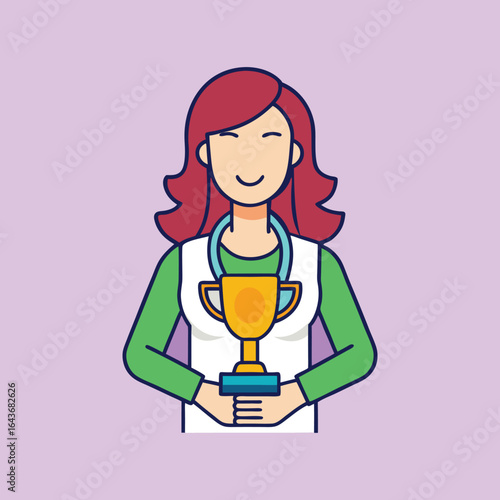 Smiling red haired woman holding a golden trophy with a medal around neck