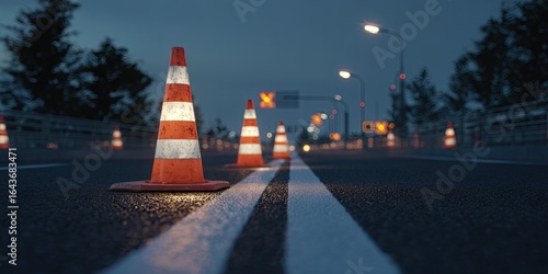 Dusk road scene with illuminated traffic cones lining a divided highway, suggesting roadwork or closure