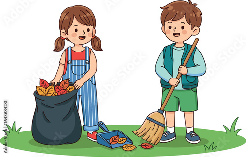 Children cleaning autumn leaves, teamwork outdoor activity, environmental care scene, broom and dustpan illustration, fall season responsibility, grassy area artwork