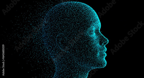 Fototapeta Artificial intelligence head formed by digital dots, representing future technology, data science, and machine learning concept