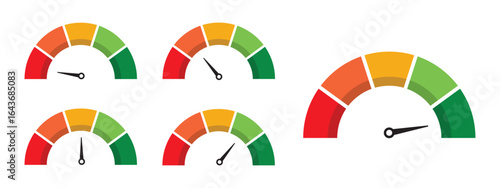 Set of score meters with speedometer style gauge indicators. Energy efficiency and consumer satisfaction measurement UI. Dial with arrows, scale, and indication lines. Vector effectiveness graph set.