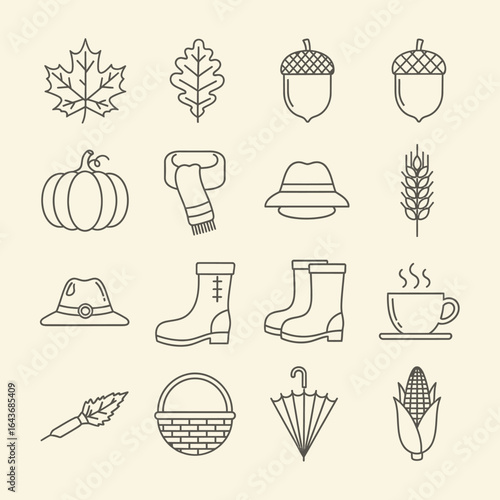A collection of minimalist line icons representing the autumn season and fall activities