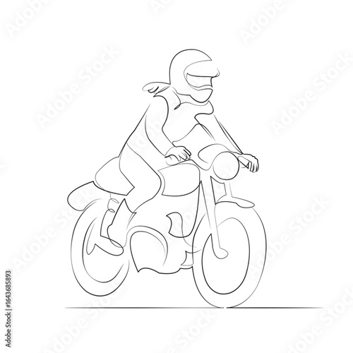 One continuous single drawing line art flat doodle motorcycle, sport, motocross, crash helmet, girls, headwear, risk, helmet. Isolated image hand draw contour on a white background, hand drawn, not AI