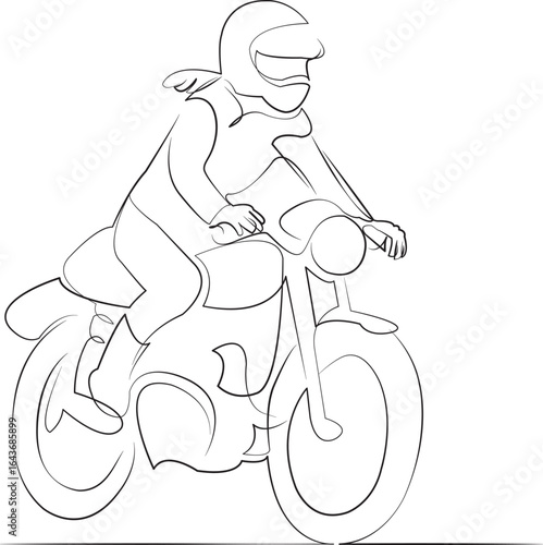 One continuous single drawing line art flat doodle motorcycle, sport, motocross, crash helmet, girls, headwear, risk, helmet. Isolated image hand draw contour on a white background, hand drawn, not AI