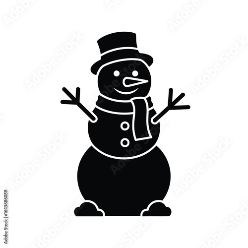 Iconic black silhouette of a smiling snowman wearing a top hat and scarf, symbolizing winter holidays and festive season joy.