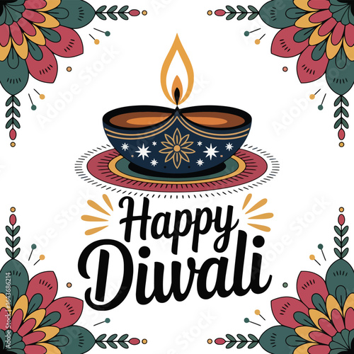 Wallpaper Mural Happy Diwali Greeting with Diya and Floral Decorations Torontodigital.ca
