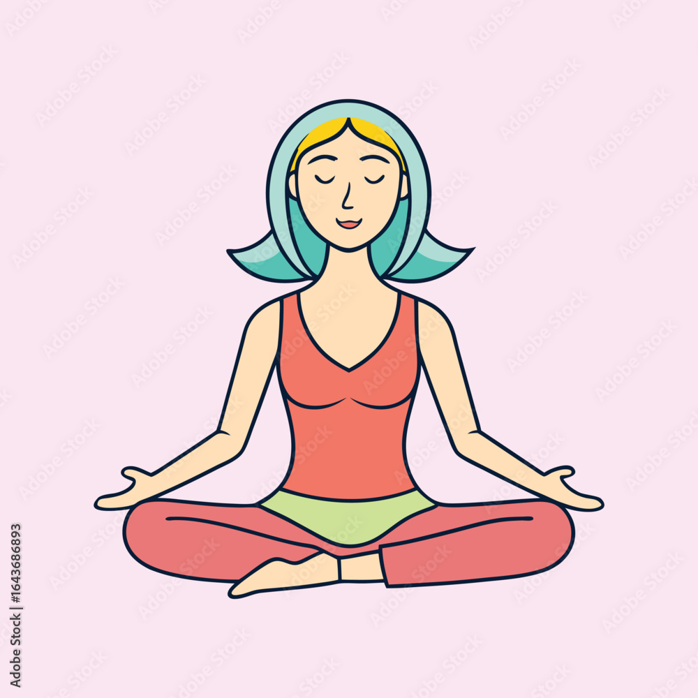 Cartoon woman meditating in lotus position with serene expression and peaceful background Cartoon woman meditating in lotus position with serene expression and peaceful background