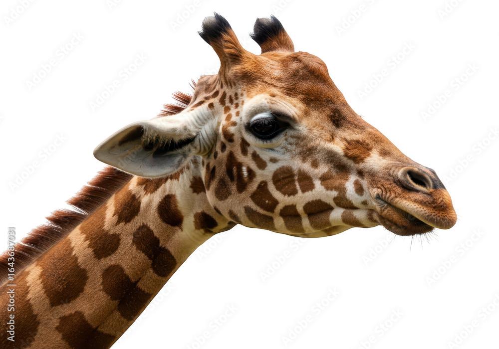 Fototapeta premium Close up portrait of a giraffe head isolated on transparent background