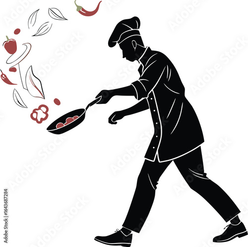 Dynamic silhouette of a chef flipping food in a frying pan